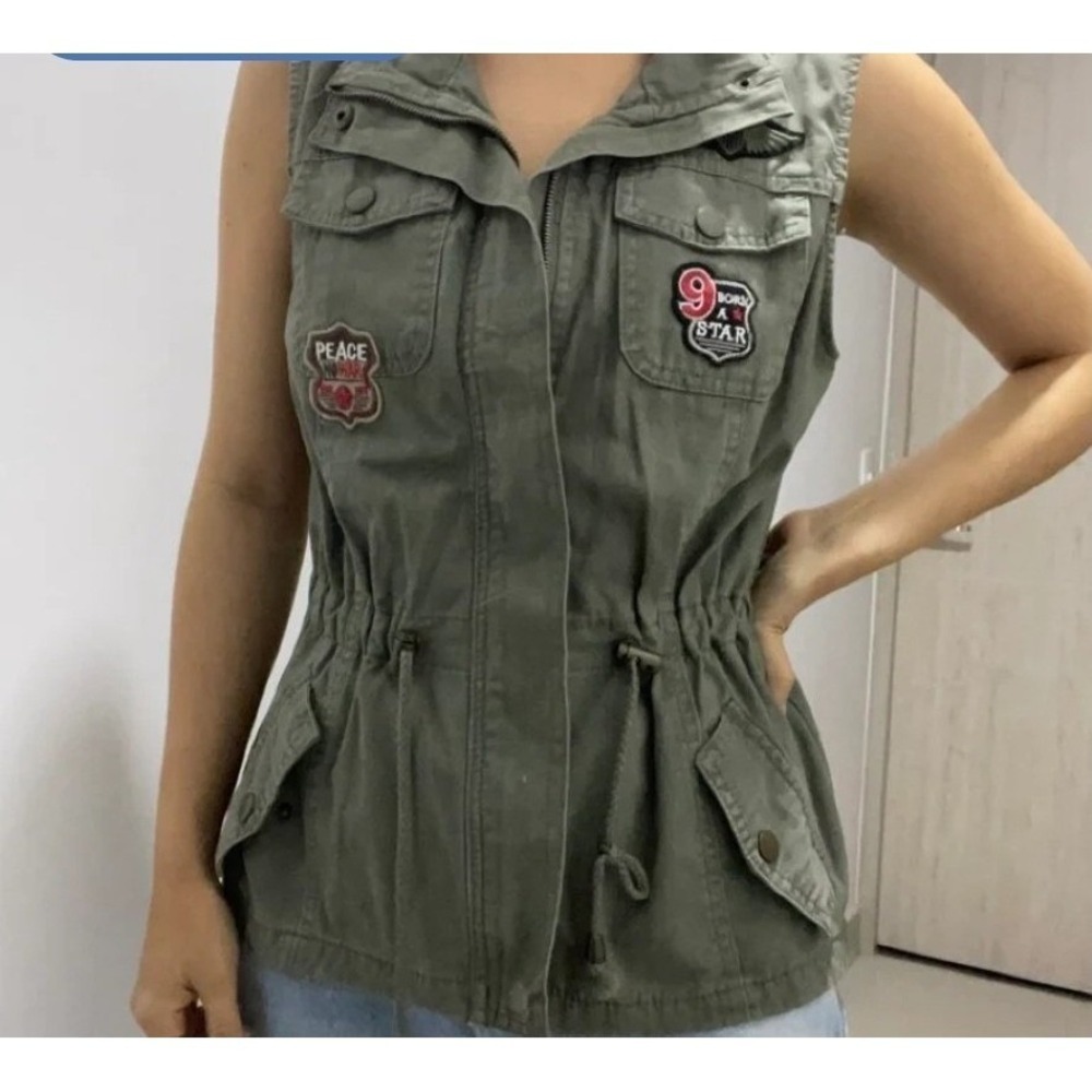 Utility Vest Olive Cargo Cinch Waist‎ Streetwear Boho Festival Layer Y2K Sz L